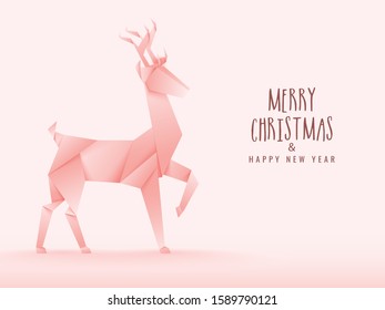Merry Christmas & Happy New Year Celebration Concept with Origami Paper Cut Reindeer on Pink Beige Background.