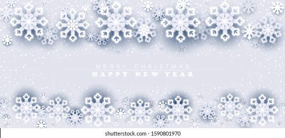 Merry Christmas and Happy New Year, vector. Mobile phone screen saver design. Greeting card. White layered paper cut with snowflakes falling in winter for New Year holidays, gray background.Mobile app