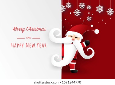 Merry Christmas or Happy New Year card in red white color tone with Santa Claus and origami snow flake. Vector illustration art in paper cut design.