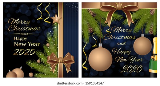 Merry Christmas and Happy New Year 2020. Greeting card set with a Christmas tree and congratulatory inscription. Vector illustration
