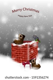 Merry Christmas and happy new year. Merry Christmas card design of Santa Claus entering through the chimney of the house.