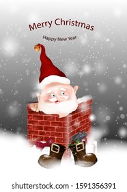 Merry Christmas and happy new year. Merry Christmas card design of Santa Claus entering through the chimney of the house.