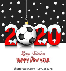 Merry Christmas and Happy New Year. Number 2020 and soccer ball as a Christmas decorations hanging on strings amid falling snow on a mirror surface. Pattern for greeting card. Vector illustration