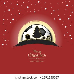 Merry Christmas and Happy New year. Christmas tree with boxes of gifts on a background of the soccer ball and snow. Minimalistic pattern for graphic design greeting card. Vector illustration