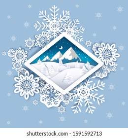 Merry Christmas Happy New Year greeting card template, vector illustration in paper art modern craft style. Decorative frame with paper cut snowflakes and winter mountain forest landscape.
