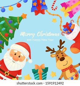 Merry Christmas and Happy New Year greeting card with a cute deer, Santa Claus, Christmas tree, gift boxes, Christmas stocking and garland. Vector illustration.