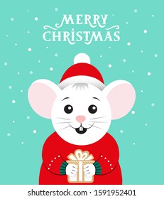 Merry Christmas and happy New year. A white mouse with a red Santa hat is holding a gift. Cute cartoon baby character.  Flat design Hello winter on blue background with snow.