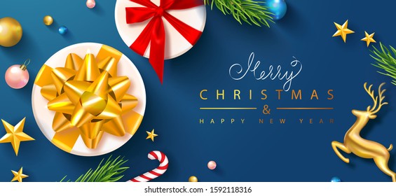 Merry Christmas and Happy New Year banner template. Holiday background with gift boxes, stars, fir branches, Golden metal deer and Christmas balls. Vector illustration for postcard
