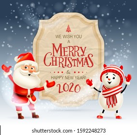 Merry Christmas and Happy New Year! Santa Claus and snowman with big signboard. Holiday greeting card. Isolated vector illustration.