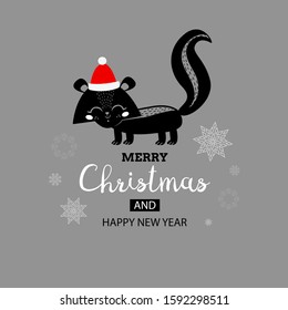 Merry Christmas and happy new year. Cute holiday card with skunk.