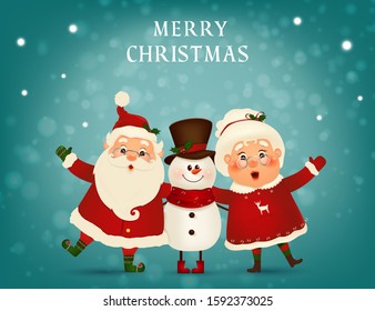 Merry Christmas. Happy new year. Funny Santa Claus with cute Mrs. Claus, snowman. Mrs. Claus Together. Vector cartoon character of Santa Claus and his wife.