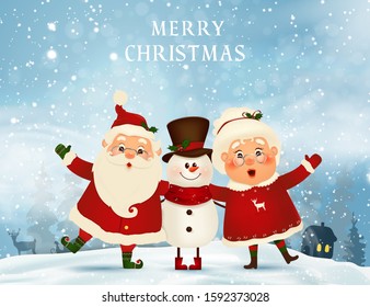 Merry Christmas. Happy new year. Funny Santa Claus with cute Mrs. Claus, snowman in Christmas snow scene winter landscape. Mrs. Claus Together. Vector cartoon character of Santa Claus and his wife.