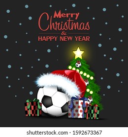 Merry Christmas and Happy New Year. Soccer ball, Christmas tree and  gift boxes. Snowflakes on the background. Greeting card design template with for new year.  Vector illustration