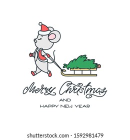 Merry Christmas and Happy New Year. Cute little mouse carries the sled with the Christmas tree. Hand drawn illustration isolated on white background. Vector 8 EPS.

