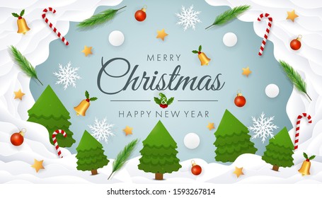 Merry Christmas, Happy New Year. Vintage holiday template for advertising card, flyer, poster, banner. Holiday message decorated with winter elements: snowflakes, christmas trees, stars sugar canes.