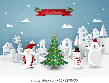 Merry Christmas or Happy New Year card in winter landscape with houses, building, Santa Claus mascot and Snowman on blue background. Vector illustration art in paper cut design.