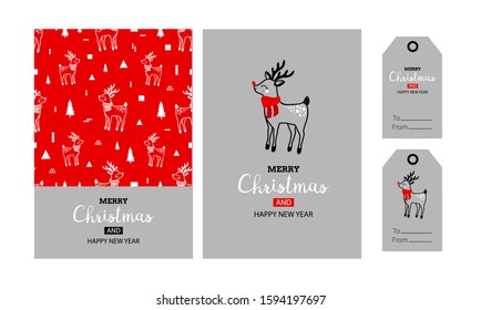 Merry Christmas and happy new year. Cute holiday greeting cards and gift tags with rudolph reindeer and pattern. Pattern with cute deers, trees, mountains and geometric elements.