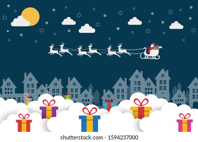 Merry christmas and happy new Year. Santa on a sleigh with a bag of gifts