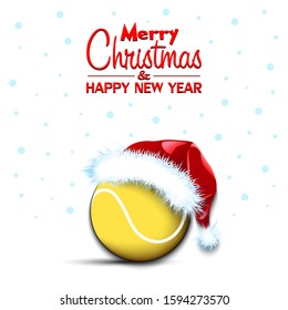 Merry Christmas and Happy New year. Tennis ball in santa hat and snowflakes on isolated background. Minimalistic pattern for graphic design greeting card, poster, flyer. Vector illustration