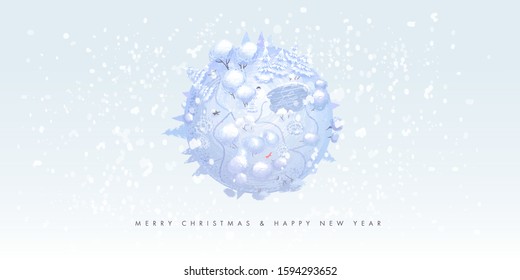 Merry Christmas and Happy New Year background. Earth globe with splashes in watercolor style art. Concept design for banner, poster, greeting card. Vector illustration