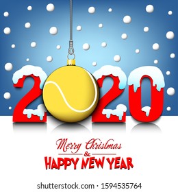 Merry Christmas and Happy New Year. Number 2020 and tennis ball as a Christmas decorations hanging on strings amid falling snow on a mirror surface. Pattern for greeting card. Vector illustration