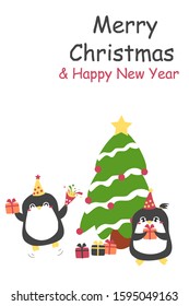 Merry Christmas and happy new year, cute cartoon character vector of penquin, gift boxes, paper firework and Christmas tree.