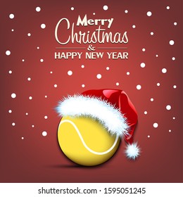 Merry Christmas and Happy New year. Tennis ball in santa hat and snowflakes on isolated background. Minimalistic pattern for graphic design greeting card, poster, flyer. Vector illustration