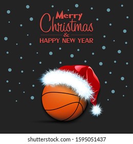 Merry Christmas and Happy New year. Basketball ball in santa hat and snowflakes on isolated background. Minimalistic pattern for graphic design greeting card, poster, flyer. Vector illustration