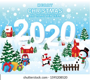 Merry Christmas! and happy new year 2020 companions. Snowman, Penquin