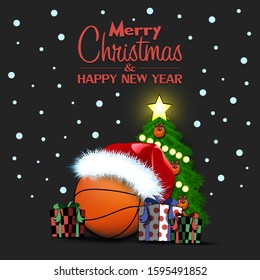 Merry Christmas and Happy New Year. Basketball ball, Christmas tree and  gift boxes. Snowflakes on the background. Greeting card design template with for new year. Vector illustration