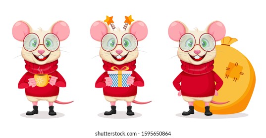 Merry Christmas and Happy New Year. Funny rat in glasses, set of three poses. Cute cartoon character rat. Vector illustration