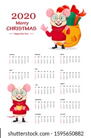 Merry Christmas and Happy New Year. Calendar of 2020 year. Funny rat in glasses. Cute cartoon character rat. Vector illustration. 