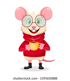 Merry Christmas and Happy New Year. Funny rat in glasses. Cute cartoon character rat holding a cup of coffee. Vector illustration on white background. 