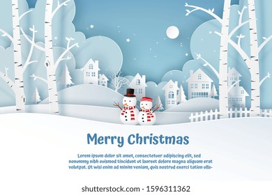 Merry Christmas or Happy New Year card in winter landscape with houses, building, Santa Claus mascot and Snowman on blue background. Vector illustration art in paper cut design.