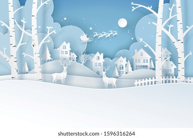 Merry Christmas or Happy New Year card in winter landscape at the forest with houses, building, Santa Claus and deer on blue background. Vector illustration art in paper cut design.