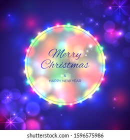 Merry Christmas and happy new year holiday greeting card. Colourful christmas lights on blue background. Glowing xmas garland. Holiday new year party banner. Vector xmas poster design