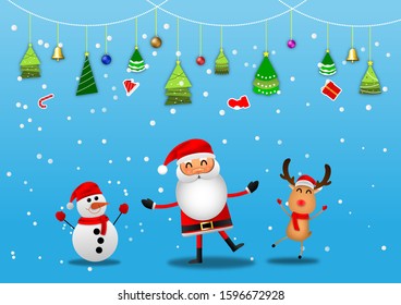 Merry Christmas and happy new year 2020 Santa cartoon characters and friends on festive days and blue backgrounds