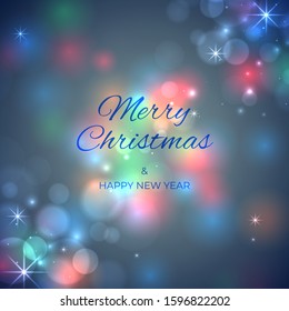 Merry Christmas and happy new year holiday banner. Soft blurred bokeh holiday background. Colourful christmas lights. Glowing lights on blue background. Vector xmas party, greeting card design