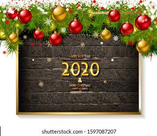 Merry Christmas and Happy new year sale banner. Festive Christmas tree decorations on wooden background. Golden inscription with the new year 2020. Vector illustration