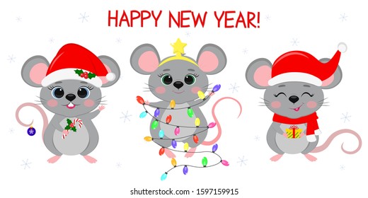 Merry Christmas and happy new year 2020. Three cute mouse rats in different New Year s costumes and with different holiday items. Cartoon, flat style, vector.