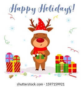 Merry Christmas and Happy New Year 2020 greeting card. Cute reindeer in a hat and a Santa scarf holds a box with a gift on a background of snowflakes and serpentine. Cartoon Style, Vector.