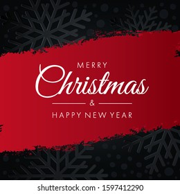 Merry Christmas, Happy New Year. Holiday template for expensive advertising card, flyer, poster, banner. Black falling snowflakes, red grunge strokes, holiday text on top of glossy black background.
