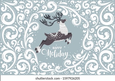 Merry Christmas and Happy New Year! Cartoon amazing fabulous reindeer on a snow pattern background. Vector illustration