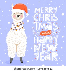 Merry Christmas and Happy New Year greeting card. Cute cartoon alpaca with Santa hat and lettering. Vector illustration for greeting cards, sticker, posters, invitation etc.