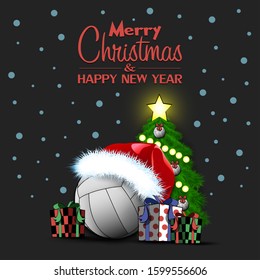 Merry Christmas and Happy New Year. Volleyball ball, Christmas tree and  gift boxes. Snowflakes on the background. Greeting card design template with for new year.  Vector illustration
