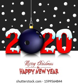 Merry Christmas and Happy New Year. Number 2020 and bowling ball as a Christmas decorations hanging on strings amid falling snow on a mirror surface. Pattern for greeting card. Vector illustration