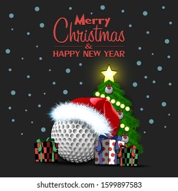 Merry Christmas and Happy New Year. Golf ball, Christmas tree and  gift boxes. Snowflakes on the background. Greeting card design template with for new year.  Vector illustration