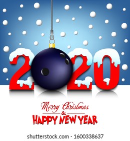 Merry Christmas and Happy New Year. Number 2020 and bowling ball as a Christmas decorations hanging on strings amid falling snow on a mirror surface. Pattern for greeting card. Vector illustration