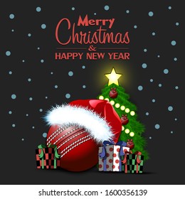 Merry Christmas and Happy New Year. Cricket ball, Christmas tree and  gift boxes. Snowflakes on the background. Greeting card design template with for new year.  Vector illustration