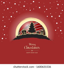 Merry Christmas and Happy New year. Christmas tree with boxes of gifts on a background of the cricket ball and snow. Minimalistic pattern for graphic design greeting card. Vector illustration